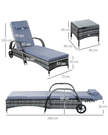 Lot de 2 bains de soleil avec matelas table basse résine tressée gris