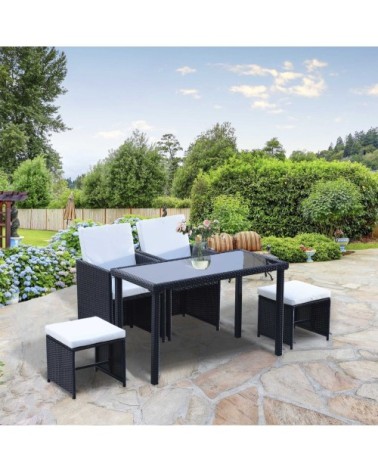 Ensemble salon jardin encastrable 2 fauteuils 2 tabourets table noir