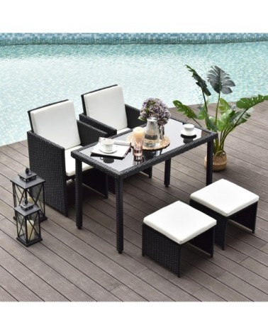 Ensemble salon jardin encastrable 2 fauteuils 2 tabourets table noir