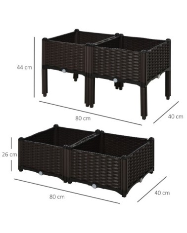 Jardinière sur pieds carré potager 2 étages 4 bacs plastique chocolat