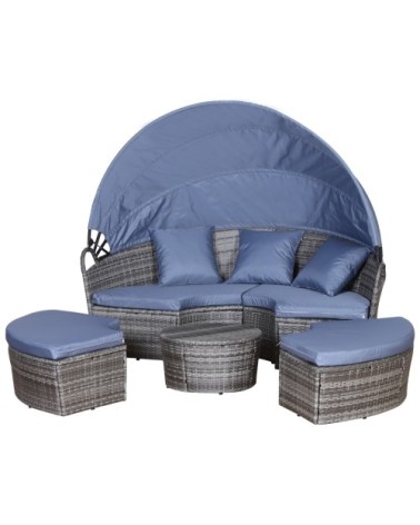 Lit canapé de jardin modulable 8 coussins résine grise polyester bleu