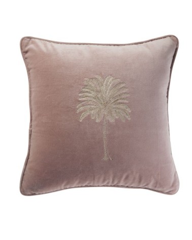 Coussin en velours coton rose palmier doré brodé 45x45