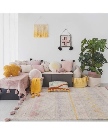 Tapis coton motif indien beige et rose 120x160