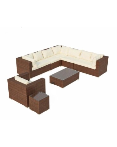 Salon de jardin 8 places en résine tressée marron et blanc
