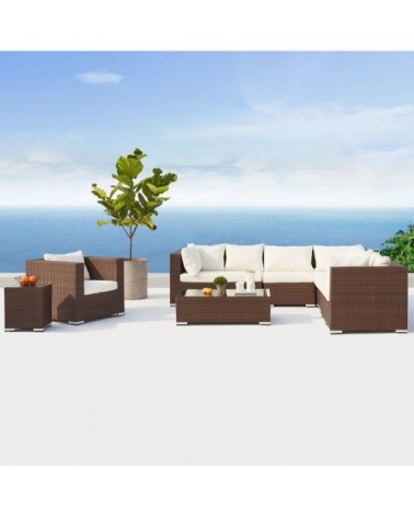 Salon de jardin 8 places en résine tressée marron et blanc