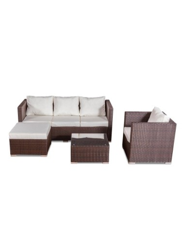 Salon de jardin 6 places en résine tressée marron et blanc