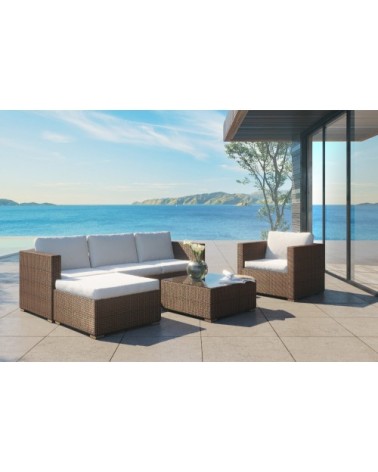 Salon de jardin 6 places en résine tressée marron et blanc
