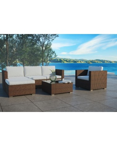 Salon de jardin 6 places en résine tressée marron et blanc