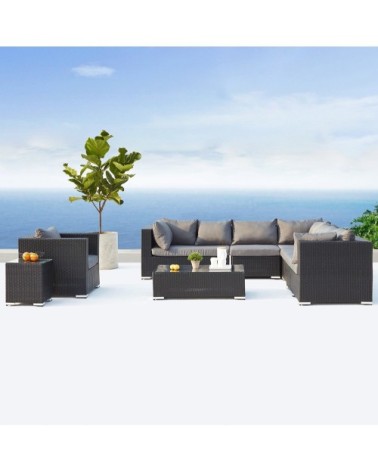 Salon de jardin 8 places en résine tressée noir et gris
