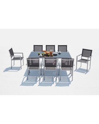 Table de jardin et 8 fauteuils aluminium et textilène gris