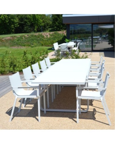 Table extérieur aluminium extensible plateau en verre 12 places blanc