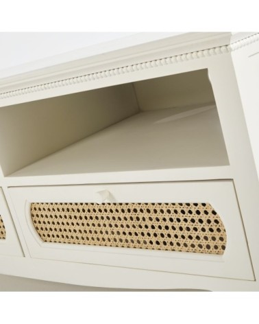 Meuble TV en cannage 2 tiroirs blanc cassé