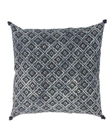 Coussin en coton imprimé bleu et noir avec pompons 45x45