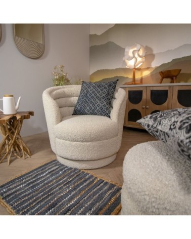 Coussin en coton imprimé bleu et noir avec pompons 45x45