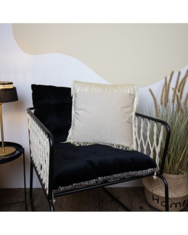 Coussin en velours à franges écru 40x40