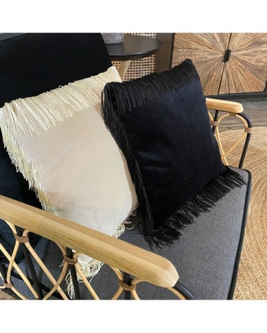 Coussin en velours à franges écru 40x40