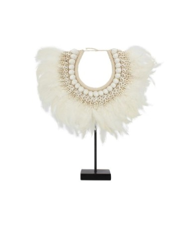 Collier beige et blanc en plumes et coquillages H44cm