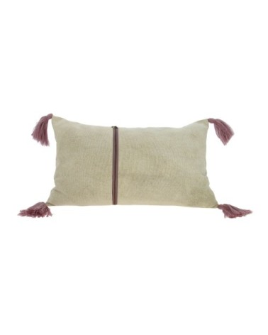 Coussin en coton lavé beige avec pompons rose 30x50