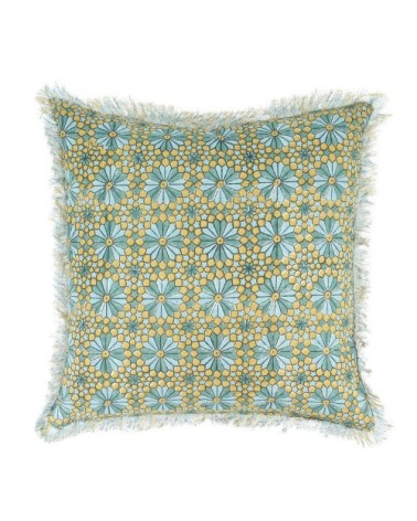 Coussin en coton imprimé avec franges bleu et vert 40x40