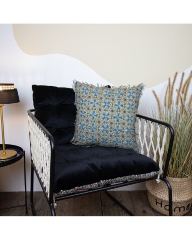 Coussin en coton imprimé avec franges bleu et vert 40x40