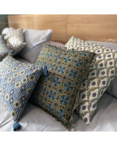 Coussin en coton imprimé avec franges bleu et vert 40x40