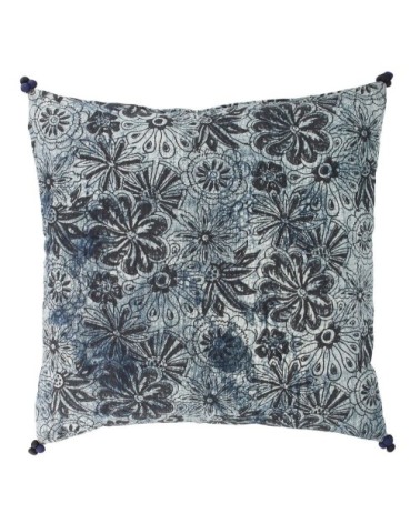 Coussin en coton imprimé bleu et noir avec pompons 45x45