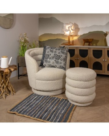 Coussin en coton imprimé bleu et noir avec pompons 45x45