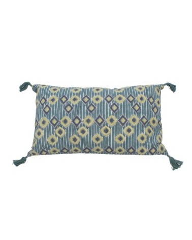 Coussin en coton imprimé avec pompons bleu 30x50