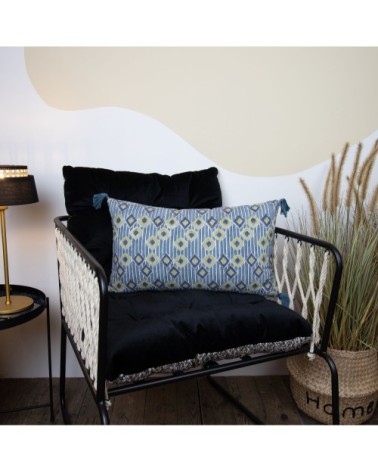 Coussin en coton imprimé avec pompons bleu 30x50