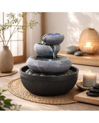 Fontaine d'intérieur nature en résine grise et éclairage led - h21cm