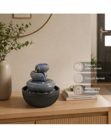 Fontaine d'intérieur nature en résine grise et éclairage led - h21cm