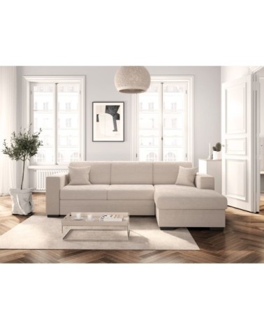 Canapé d'angle droit convertible avec coffre en velours côtelé - beige