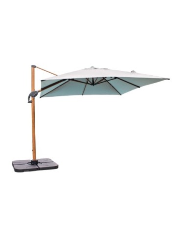 Parasol avec pied excentré en acier effet bois et toile grise