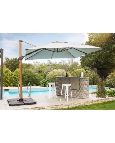 Parasol avec pied excentré en acier effet bois et toile grise