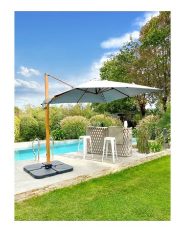 Parasol avec pied excentré en acier effet bois et toile grise