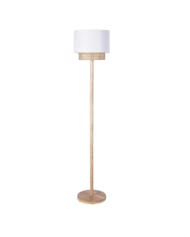 Lampadaire fixe en bois d'hévéa avec abat-jour en rotin et tissu blanc H146