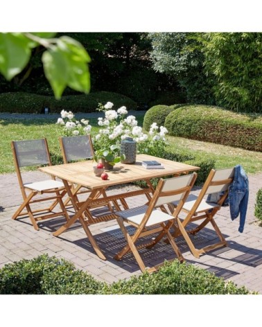 Salon de jardin en acacia massif FSC et textilène gris 4 pers.