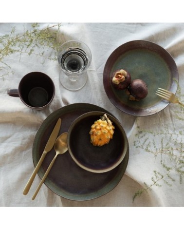Assiette plate en faïence violette et verte d22 - lot de 6