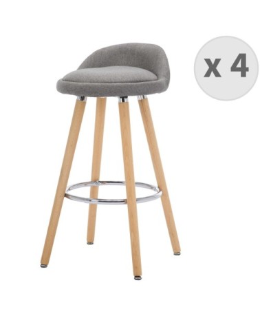 JENSEN - Tabouret de bar scandinave tissu gris pieds hêtre (x4)