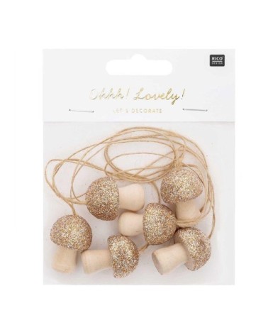 Pendentif champignon en bois doré - Lot de 6