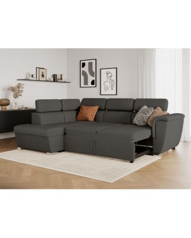 Canapé d'angle gauche convertible, tissu gris foncé - méridienne 188cm