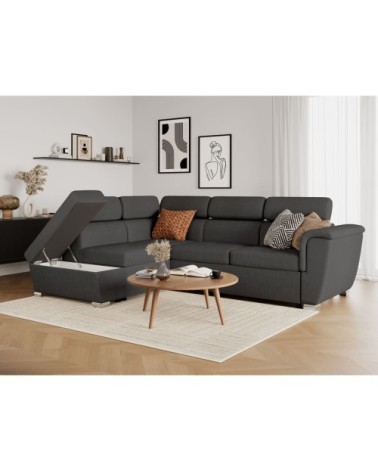 Canapé d'angle gauche convertible, tissu gris foncé - méridienne 188cm
