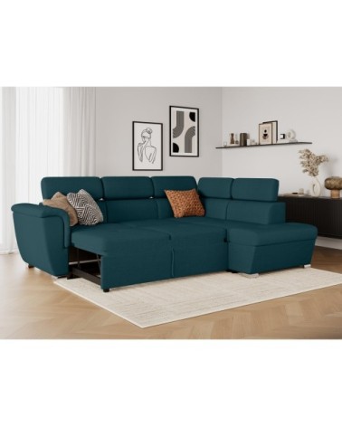 Canapé d'angle droit convertible, tissu bleu - méridienne 188cm