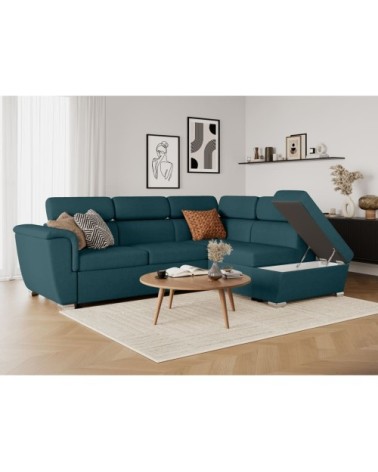 Canapé d'angle droit convertible, tissu bleu - méridienne 188cm