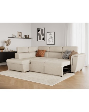 Canapé d'angle gauche convertible, tissu beige - méridienne 188cm