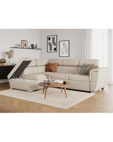Canapé d'angle gauche convertible, tissu beige - méridienne 188cm