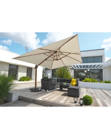 Parasol avec pied excentré en acier effet bois et toile écrue