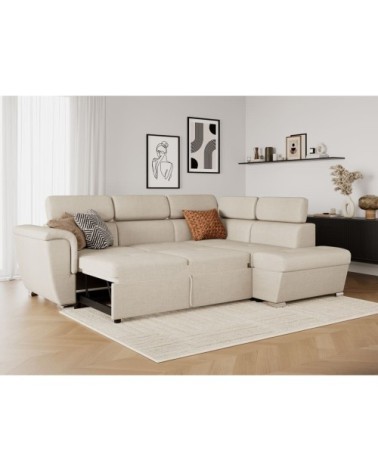 Canapé d'angle droit convertible, tissu beige - méridienne 188cm