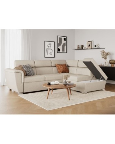 Canapé d'angle droit convertible, tissu beige - méridienne 188cm