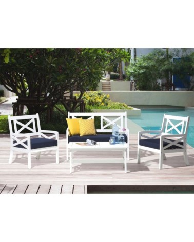 Chaise de jardin blanche avec coussin bleu marine